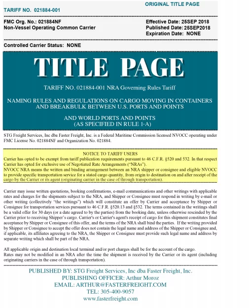 Faster Freight Tariff Document
